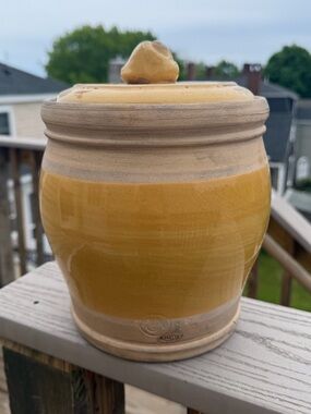 Vintage 1980s Rowe Pottery Works Mustard Glaze Canister, Recessed Lid